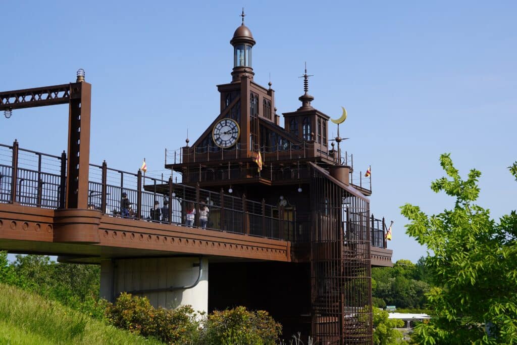 Steampunk-inspired observation structure at Ghibli Park near Nagoya