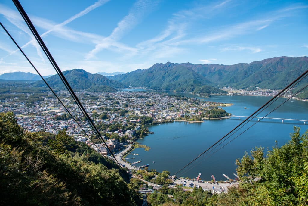 Aerial view of Lake Kawaguchi and surrounding mountains from the ropeway viewpoint