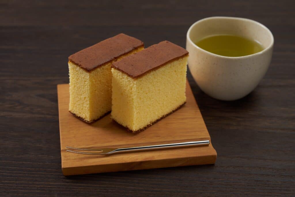 Traditional Nagasaki Castella sponge cake served with green tea