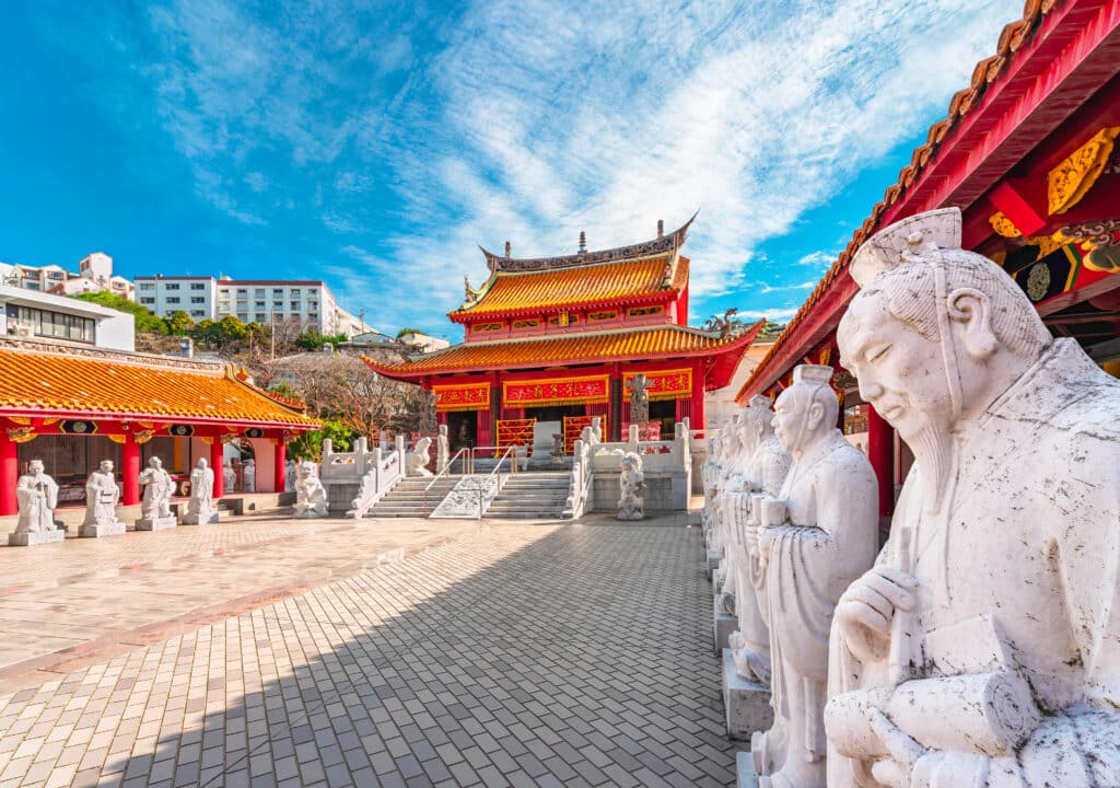 Confucius Shrine in Nagasaki featuring traditional Chinese architecture and stone statues