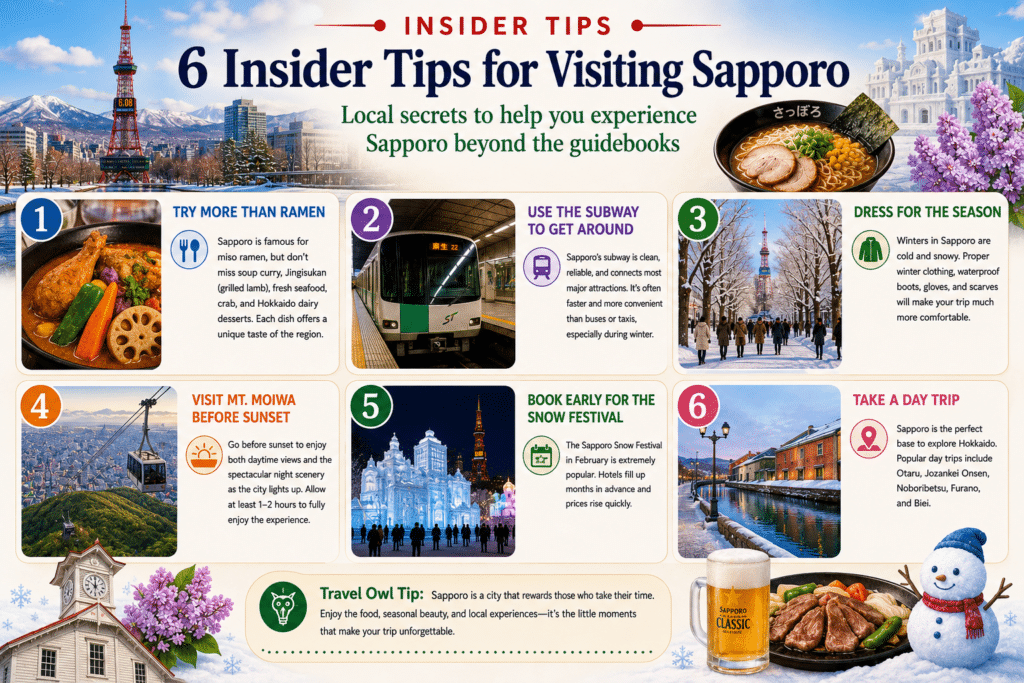 Infographic featuring six insider tips for visiting Sapporo, including local food recommendations, Mt. Moiwa views, winter travel advice, subway transportation, Snow Festival planning, and day trips around Hokkaido
