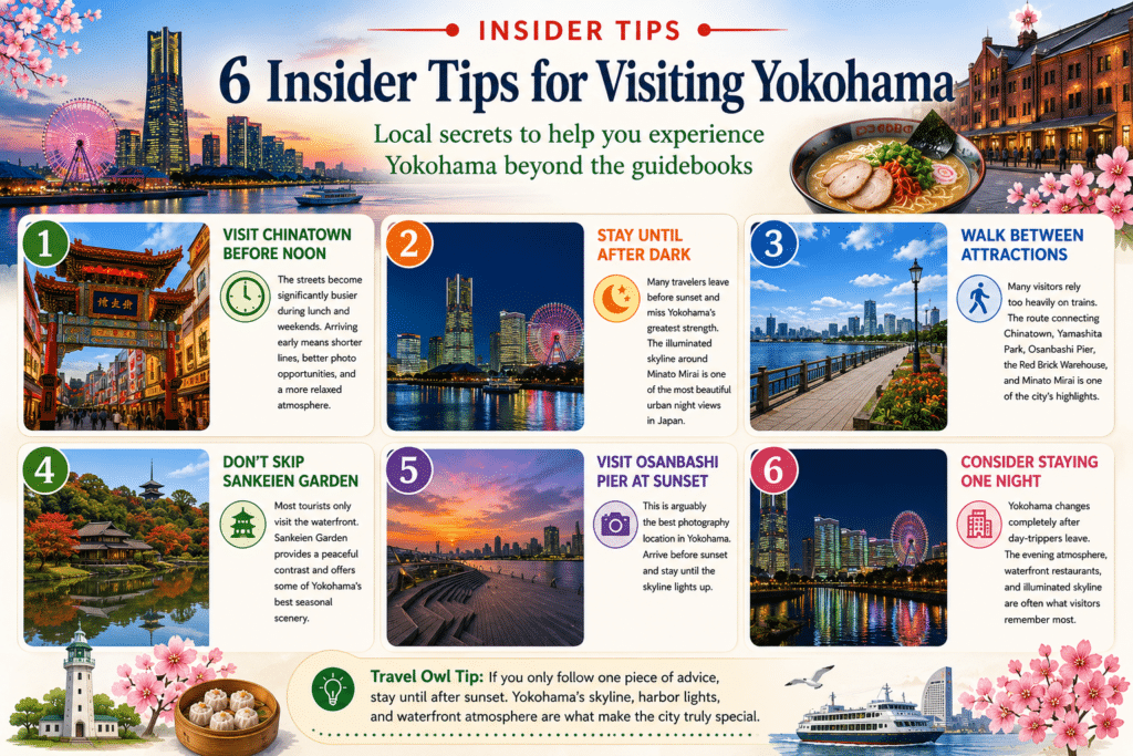 Yokohama insider tips infographic featuring Minato Mirai skyline, Chinatown, Sankeien Garden, Osanbashi Pier, and practical travel advice for first-time visitors