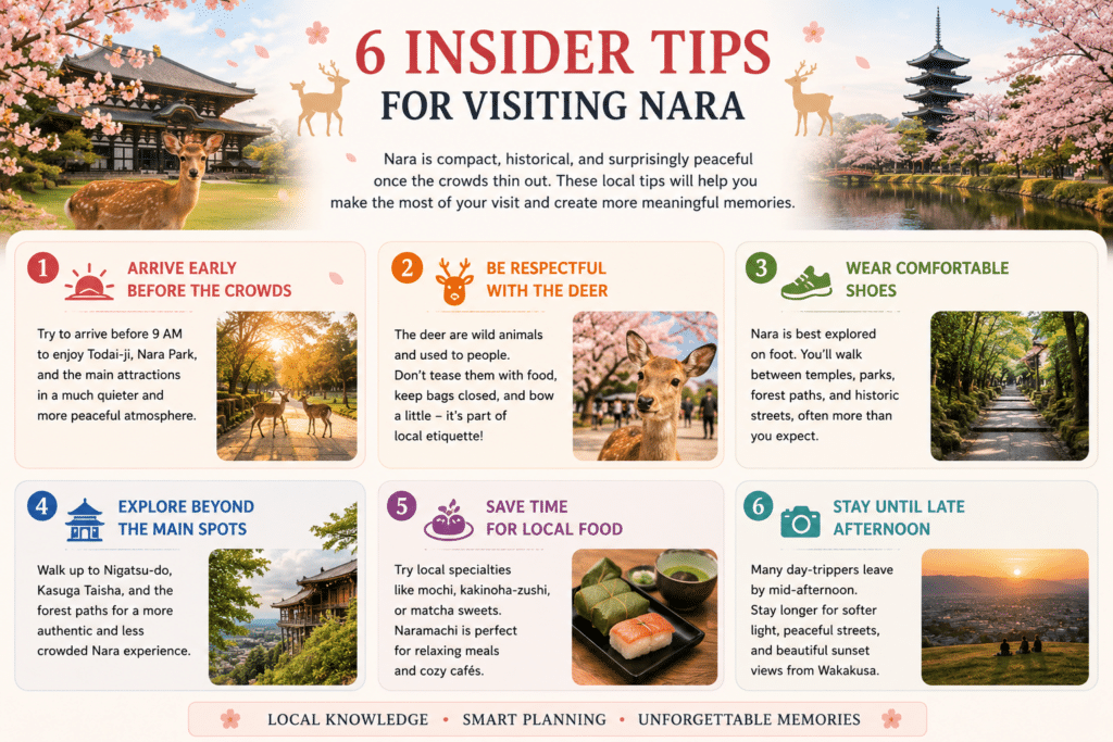 Infographic with six insider tips for visiting Nara, including arriving early, respecting the deer, wearing comfortable shoes, exploring beyond the main attractions, trying local food, and staying until sunset at Mount Wakakusa