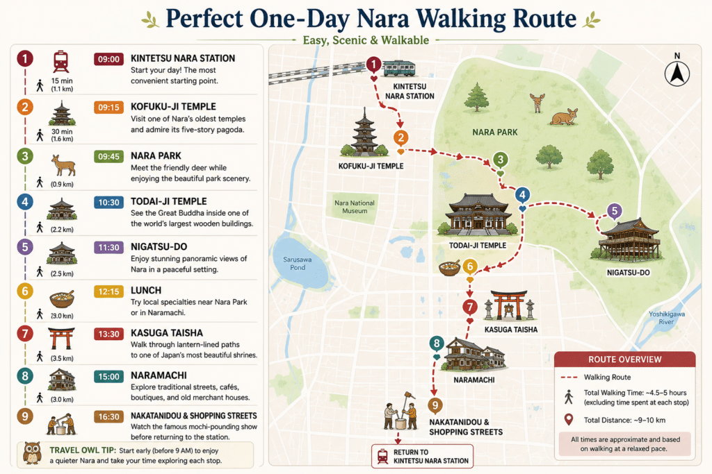 Illustrated one-day walking route map of Nara showing Kintetsu Nara Station, Kofuku-ji, Nara Park, Todai-ji, Nigatsu-do, Kasuga Taisha, Naramachi, and Nakatanidou
