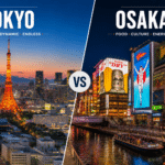 Tokyo vs Osaka comparison showing Tokyo Tower skyline on the left and Osaka Dotonbori at night on the right