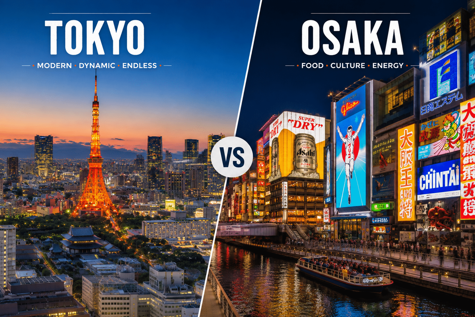 Tokyo vs Osaka comparison showing Tokyo Tower skyline on the left and Osaka Dotonbori at night on the right
