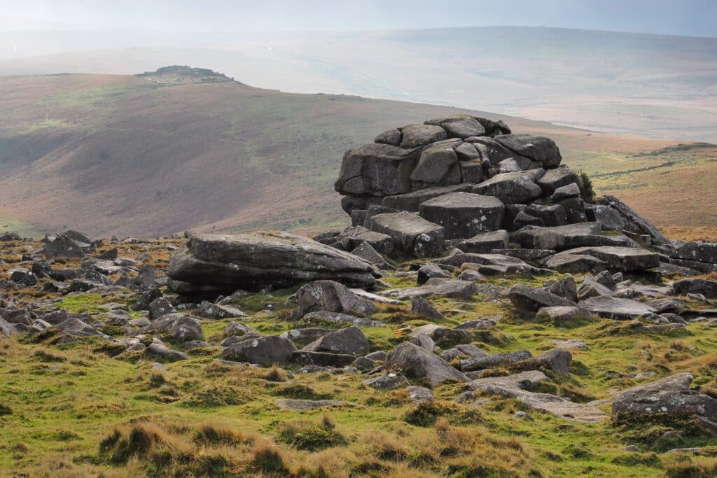 Granite tors and open moorland landscape in Dartmoor National Park, Devon