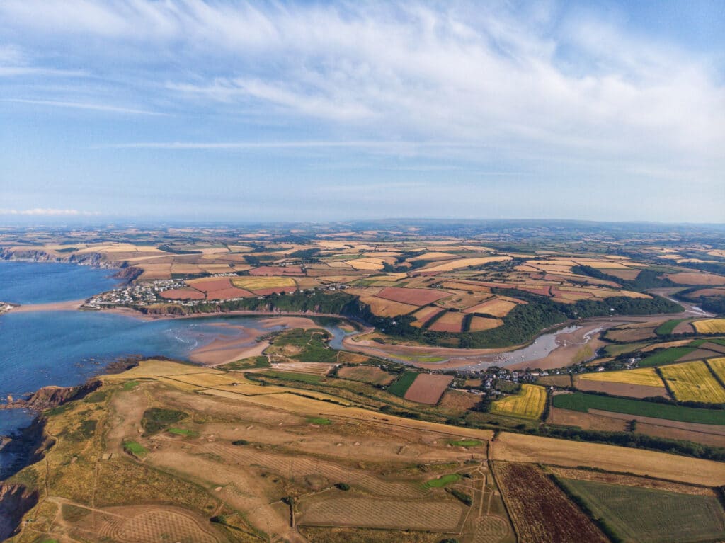 Aerial view of the Devon coastline, estuary and surrounding countryside
