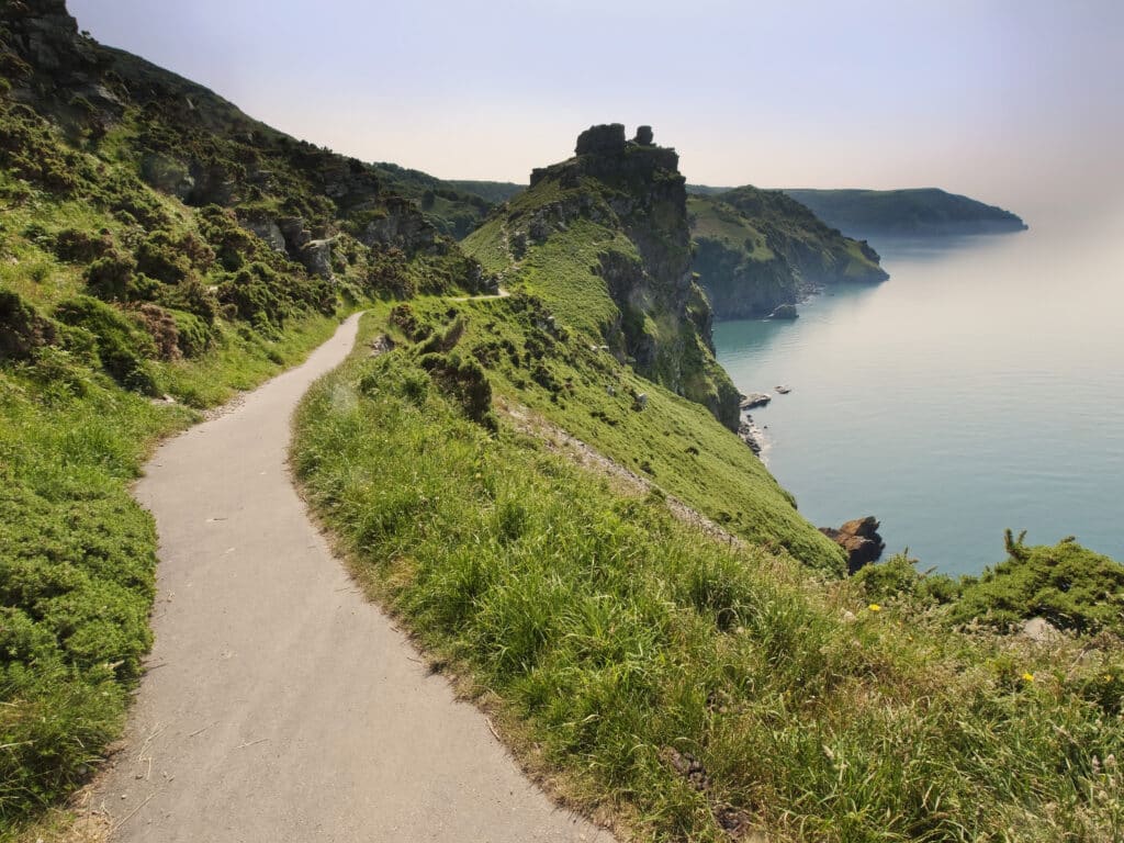 Coastal walking trail above cliffs and the sea in Devon