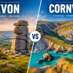Split view of Dartmoor in Devon and the rugged Cornwall coastline