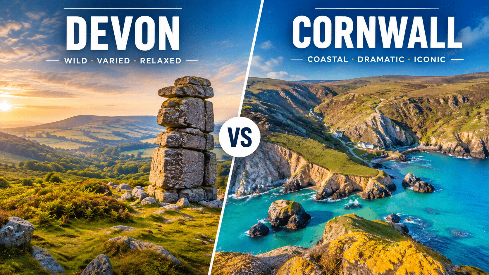 Split view of Dartmoor in Devon and the rugged Cornwall coastline