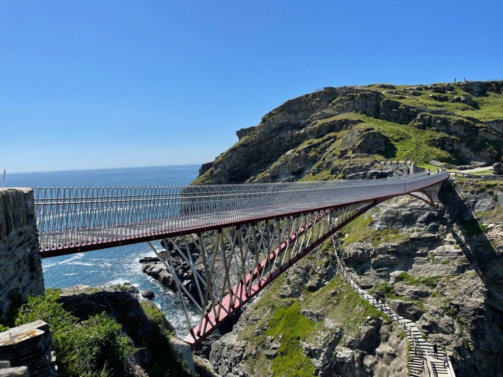 Footbridge crossing the cliffs at Tintagel Castle on the north Cornwall coast
