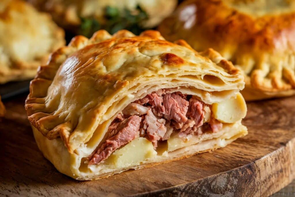 Traditional Cornish pasty cut open to show its filling